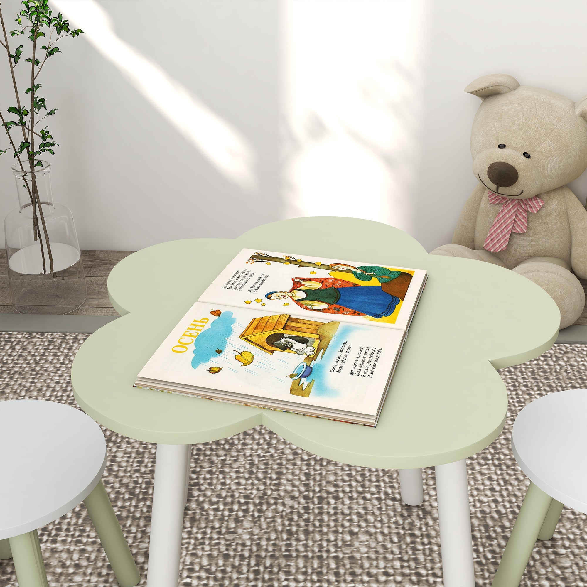 Set Tavolino e 2 Sedie per Bambini con Design a Fiori  in MDF e Legno di Pino Giallo e Bianco