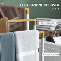 Portasciugamani Autoportante a 3 Sbarre 45x22,5x86 cm in Bambù e Acciaio Bianco e Legno