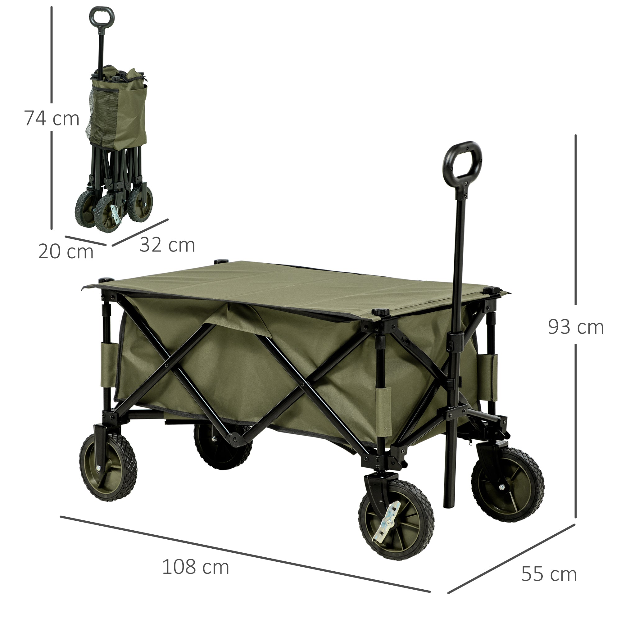 Carrello da Giardino 108x55x93 cm in Acciaio e Tessuto Oxford Verde