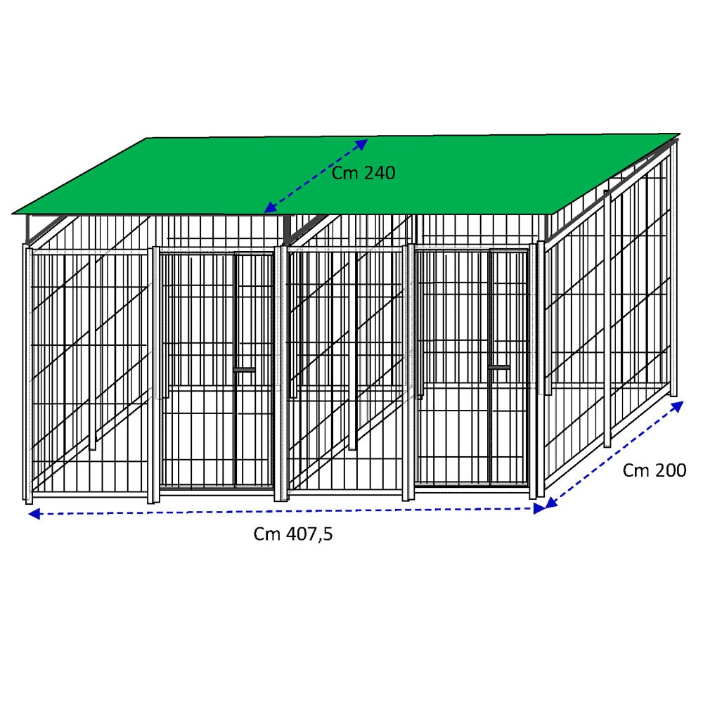 2 box per cani in linea in rete con copertura ciascuno da 2x2 metri con zincatura a caldo