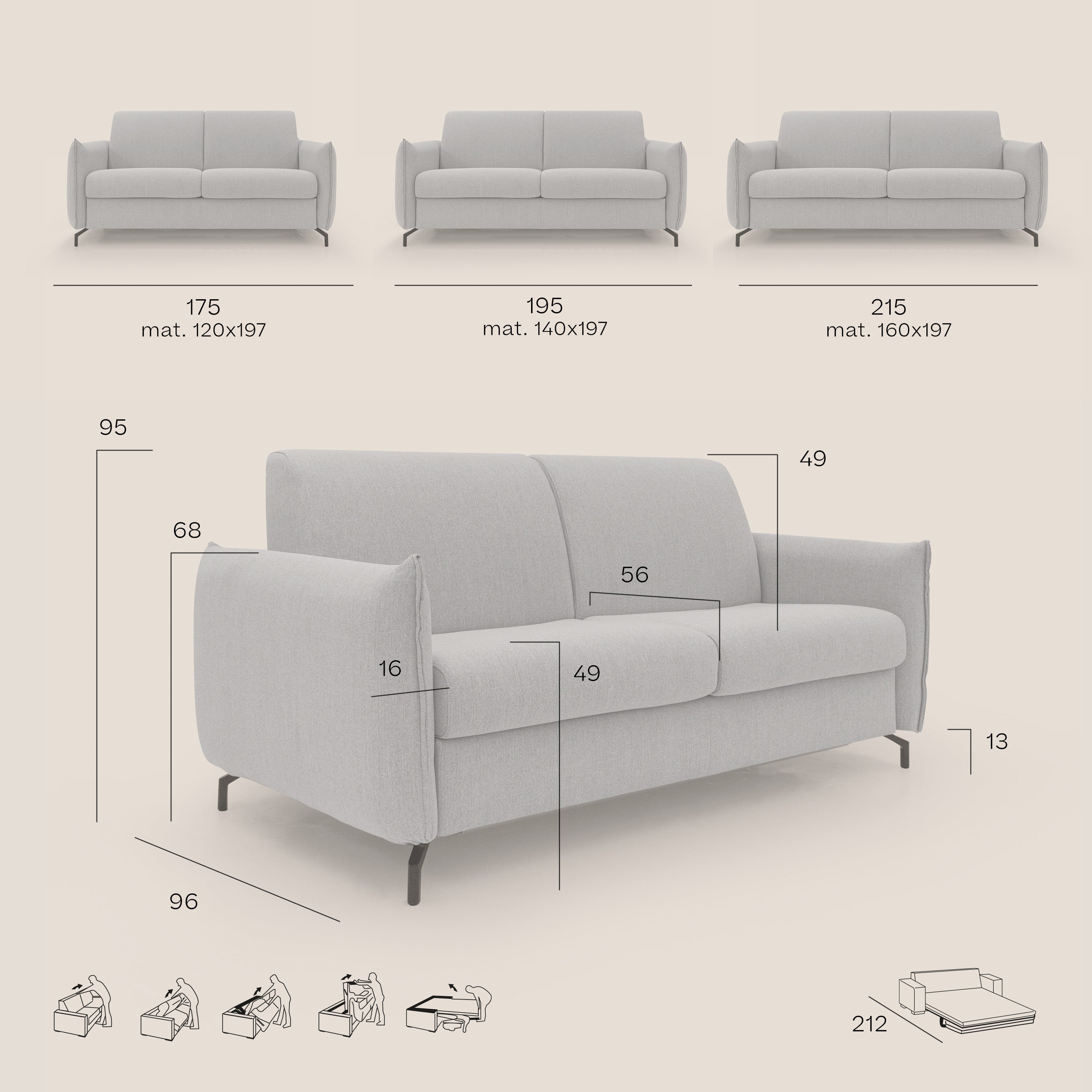 Divano Letto 3 Posti 195x95x96 cm in Tessuto Petrolio