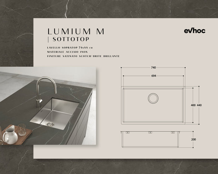 Lavello EVHOC serie LUMIUM M SOTTOTOP 74X44 cm vasca unica SOTTOTOP acciaio inox AISI 304 18/10