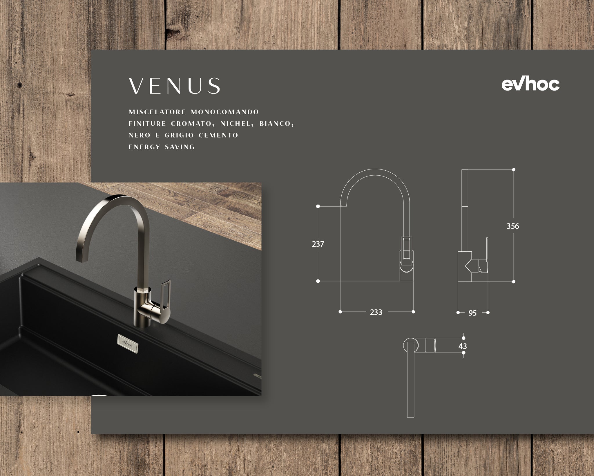 Miscelatore Evhoc VENUS con canna a ombrello squadrata e leva di comando rettangolare, finitura grigio cemento