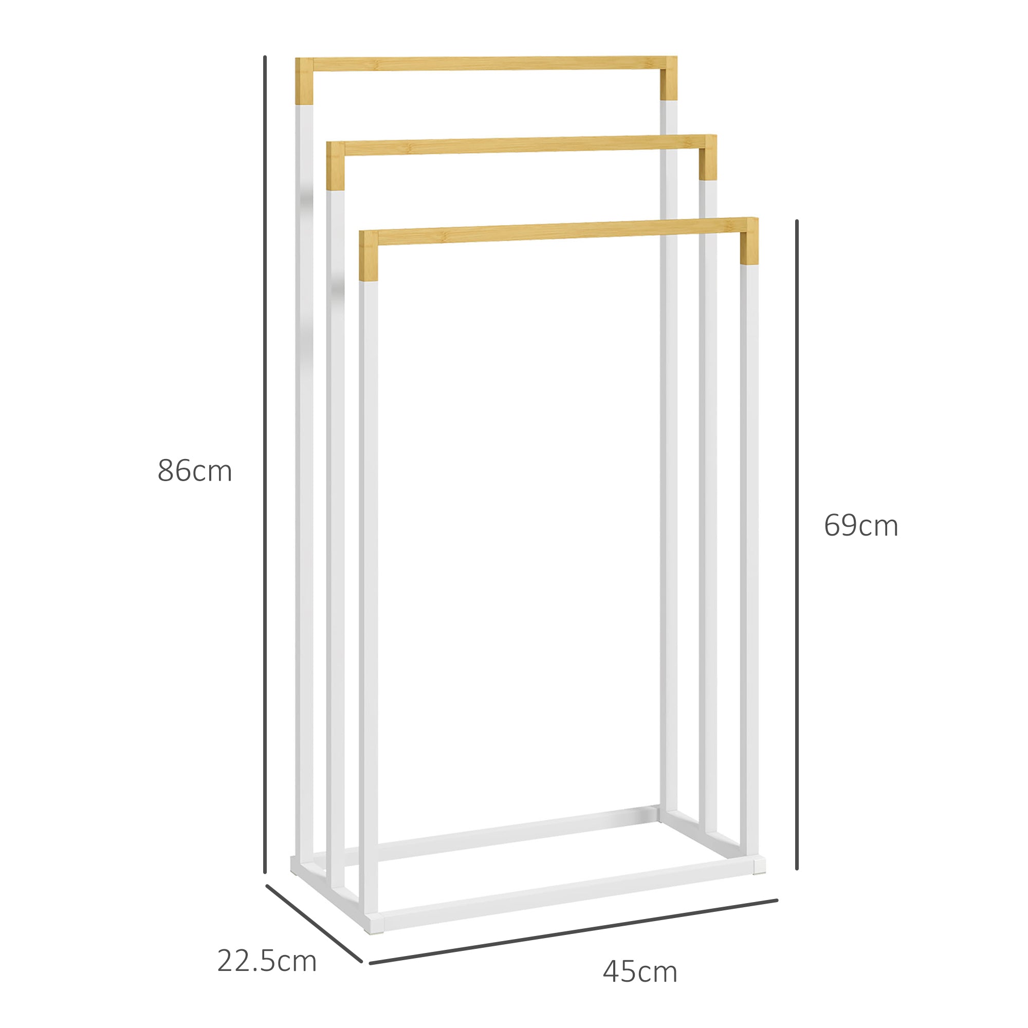 Portasciugamani Autoportante a 3 Sbarre 45x22,5x86 cm in Bambù e Acciaio Bianco e Legno