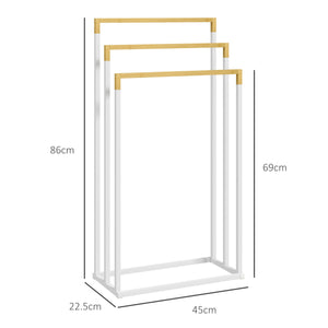 Portasciugamani Autoportante a 3 Sbarre 45x22,5x86 cm in Bambù e Acciaio Bianco e Legno