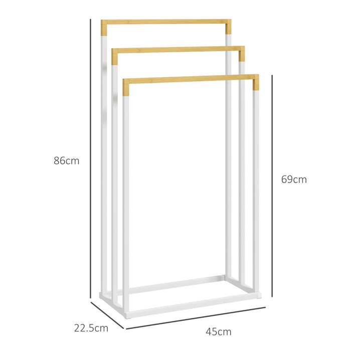 Portasciugamani Autoportante a 3 Sbarre 45x22,5x86 cm in Bambù e Acciaio Bianco e Legno