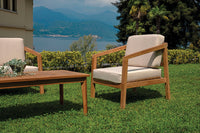 Set Salotto da Giardino Divano 2 Poltrone e Tavolino Riace in Legno Teak con Cuscini Ecrù