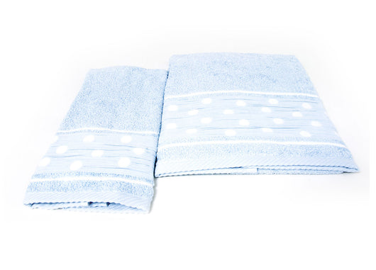 Set Asciugamano Copiola Salvietta Bagno In Spugna 100% Cotone Mod Pois Azzurro