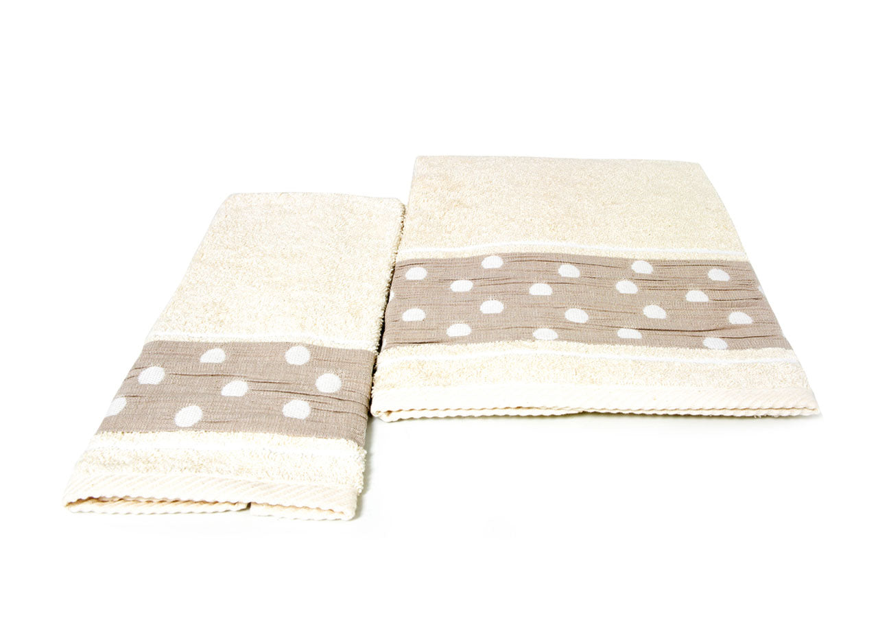 Set Asciugamano Copiola Salvietta Bagno In Spugna 100% Cotone Mod Pois Beige