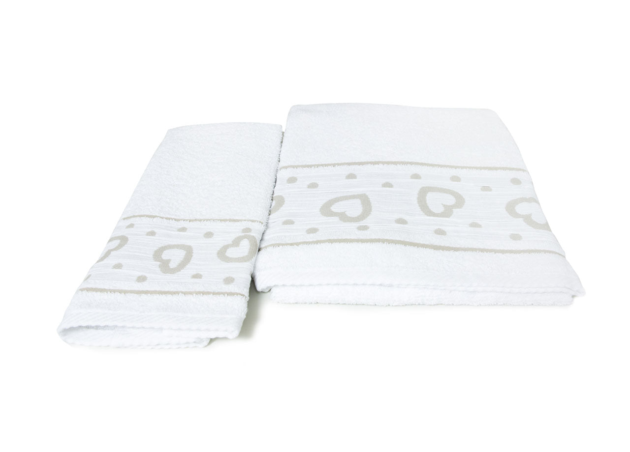 Set Asciugamano Copiola Salvietta Bagno In Spugna 100% Cotone Mod Amore Bianco