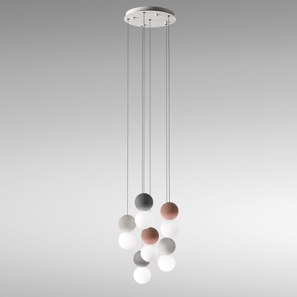 Sospensione Contemporanea Sfera Metallo Bianco Vetro E Cemento Multicolor 6 Luci