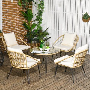 Set Tavolino con Vetro Temperato e 4 Sedie con Cuscini da Giardino in Acciaio e PE Rattan Giallo Nero e Beige