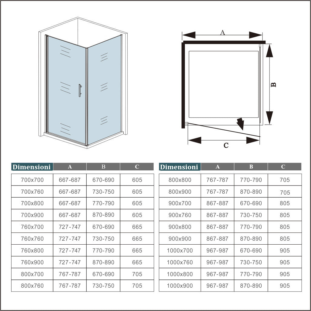 195cm Box Doccia Angolare Porta Battente con Parete Fissa 70x70cm in Vetro Satinato 6mm Anticalcare Irreversibile