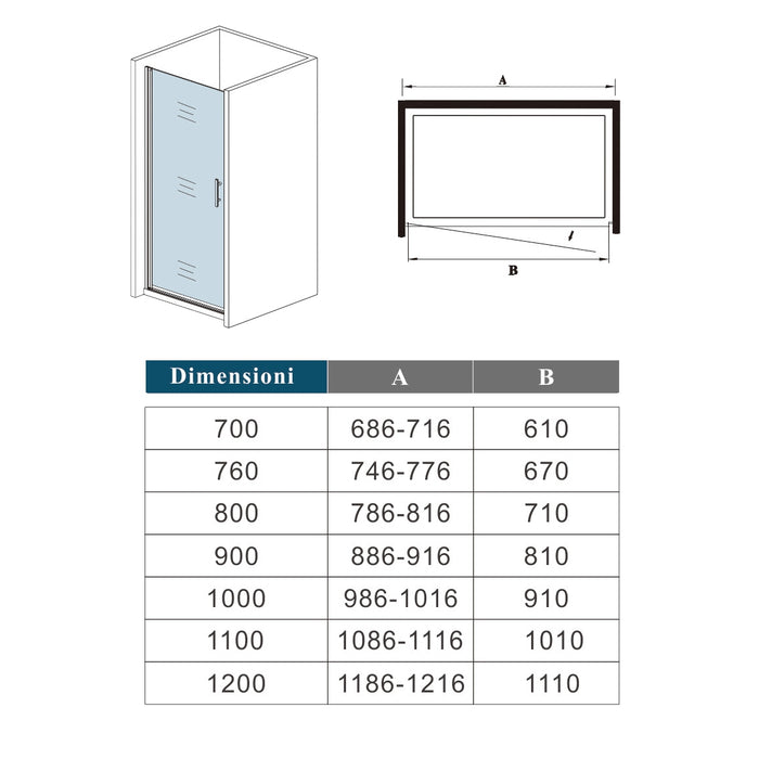 70x195cm Porta Doccia Battente in Vetro Temperato Satinato 6 mm Anticalcare (montaggio verso irreversibile)