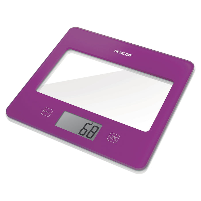 Bilancia da cucina viola Sencor design ultra slim (16mm) display LCD larghe dimensioni