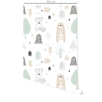 Carta da parati adesiva Animali del Bosco in vinile verde beige - 1 rotolo 50x300 cm - Decochic