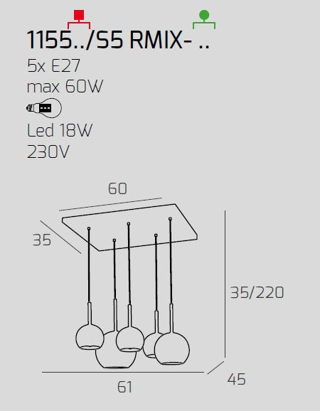 SOSP. OTTONE SAT. RETTANGOLARE 5 LUCI VETRI (1 GRANDE+1 MEDIO+3 PICCOLO) TUTTI AMBRA 1155OS-S5 RMIX-AM