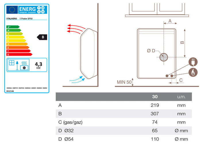 Stufa a Gas Metano 68,5x22,5x58,5 cm Italkero Poster SP 50 Bianco