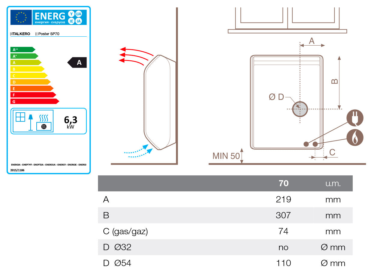 Stufa a Gas Metano 83,5x22,5x58,5 cm Italkero Poster SP 70 Bianco