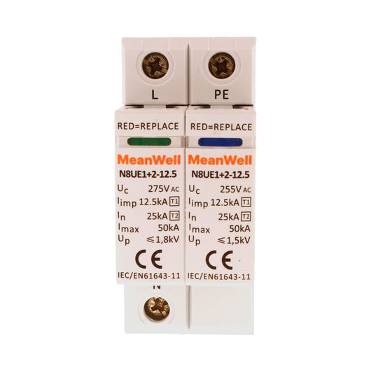 MeanWell SPD Scaricatore Di Sovratensione Tipo 1+2 T1+T2 B+C 1P+N 2M  25kA-50kA 12,5kV AC 275V IP20 IEC61643-11