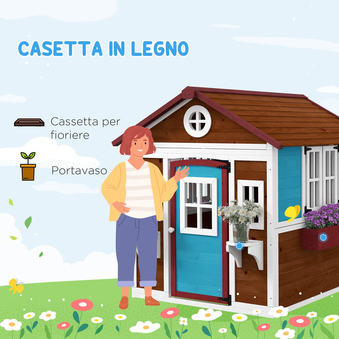 Casetta per Bambini 3-8 Anni 114x126,4x135 cm con Tetto Inclinabile Vasi e Fioriere in Legno di Abete