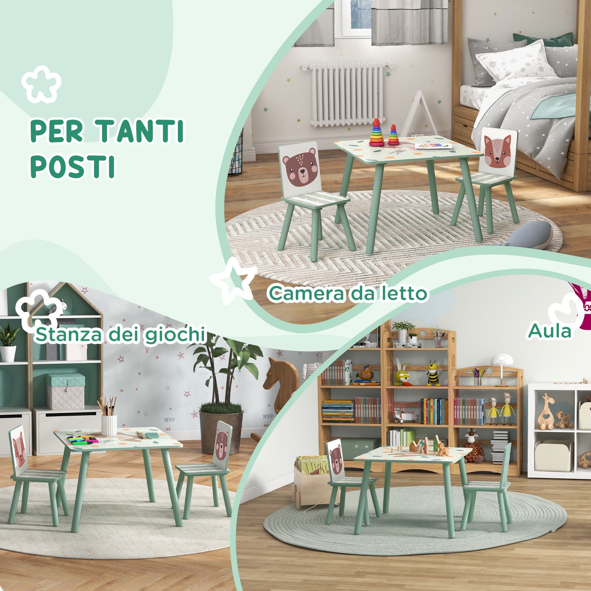 Set Tavolo con 2 Sedie per Bambini in Legno di Pino e MDF Verde