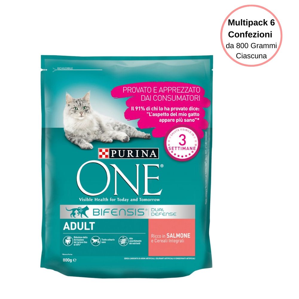 Purina one bifensis crocchette al salmone e cereali per gatto adulto multipack da 6 confezioni da 800 grammi ciascuna