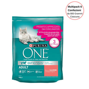 Purina one bifensis crocchette al salmone e cereali per gatto adulto multipack da 6 confezioni da 800 grammi ciascuna