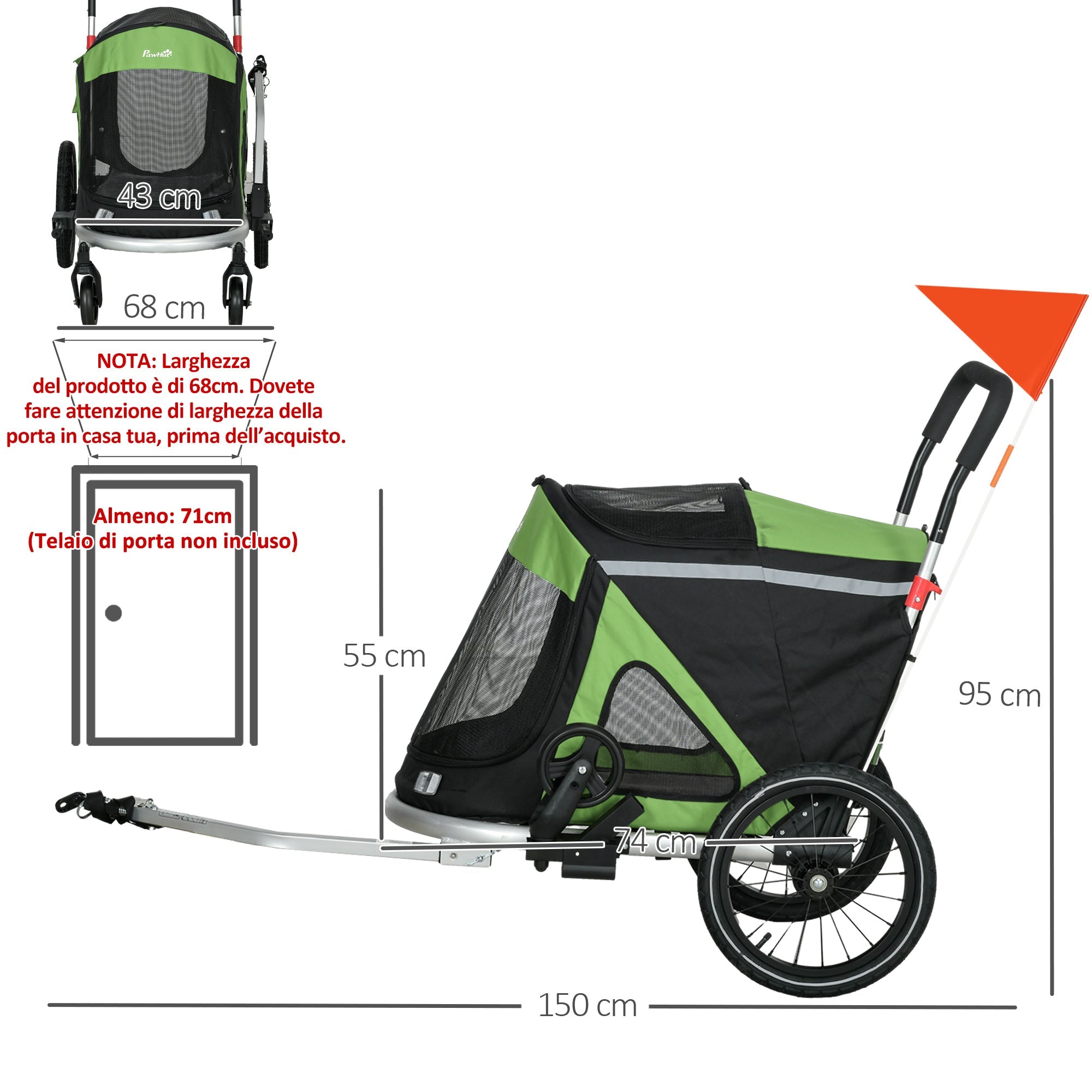 Carrello Rimorchio per Cani da Bicicletta 2 in 1 Pieghevole con Catarifrangenti e Bandierina Verde