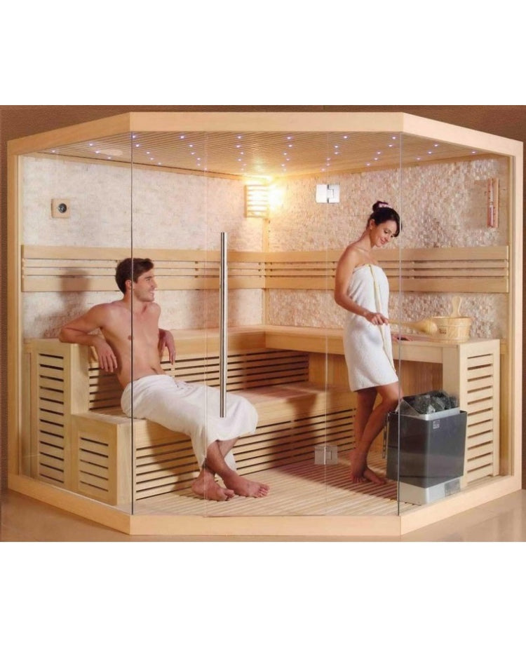 Sauna finlandese sei posti 200x200cm, cromoterapia, ozono, radio legno hemlock Sicorage Coce