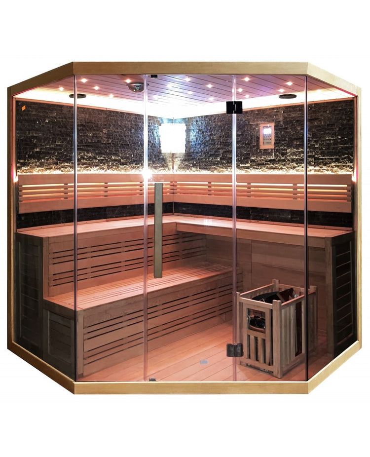 Sauna finlandese sei posti 200x200cm, cromoterapia, ozono, radio legno hemlock Sicorage Coce