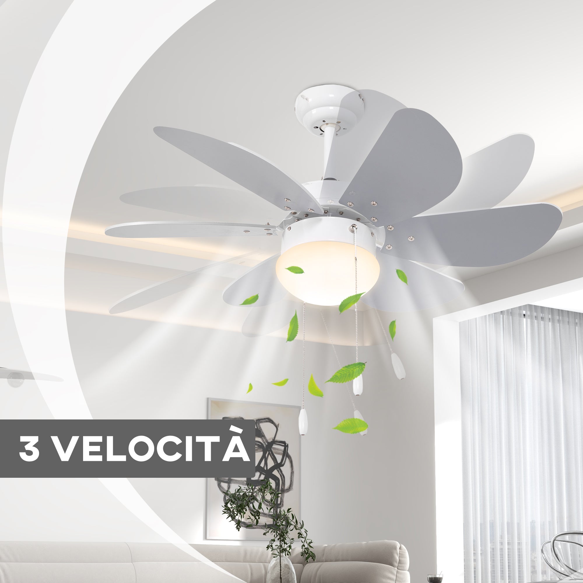 Ventilatore a Soffitto con Luce LED e Interruttore a Catena Ø76x41.5 cm in MDF e Acrilico Grigio e Bianco