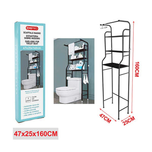 Scaffale per WC Bagno con 3 Ripiani Portaoggetti Salvaspazio Multifunzione in Ferro Nero Facile da Installare 47x25x160 cm