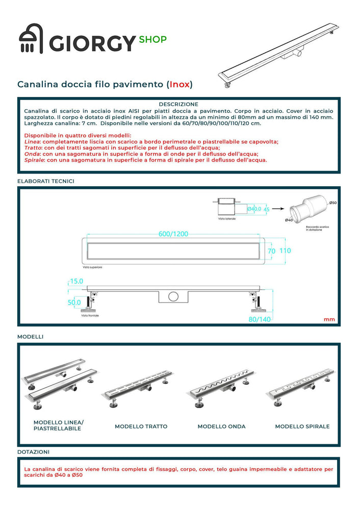 Canalina Di Scarico Per Piatto Doccia A Pavimento Acciaio Inox Modello Linea 110