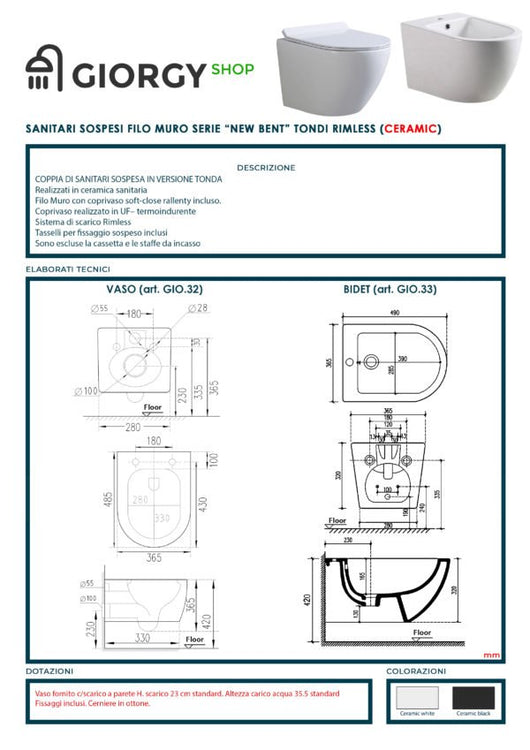 New Bent Grey set coppia sanitari sospesi rimless senza brida , GRIGIO OPACO , coprovaso soft close incluso 