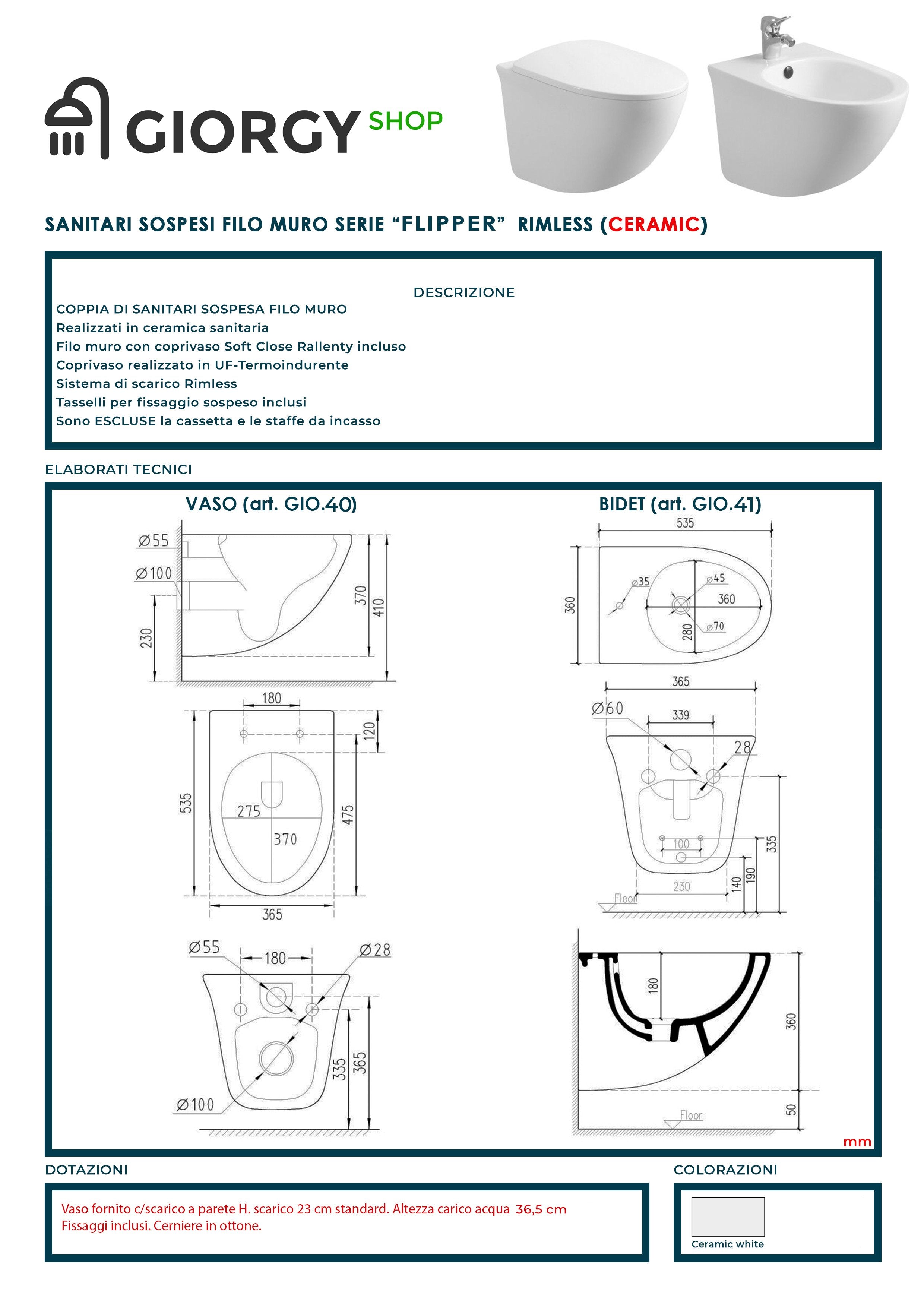 Coppia Sanitari Sospesi Rimless Senza Brida Serie Flipper Coprivaso Soft-Close Incluso