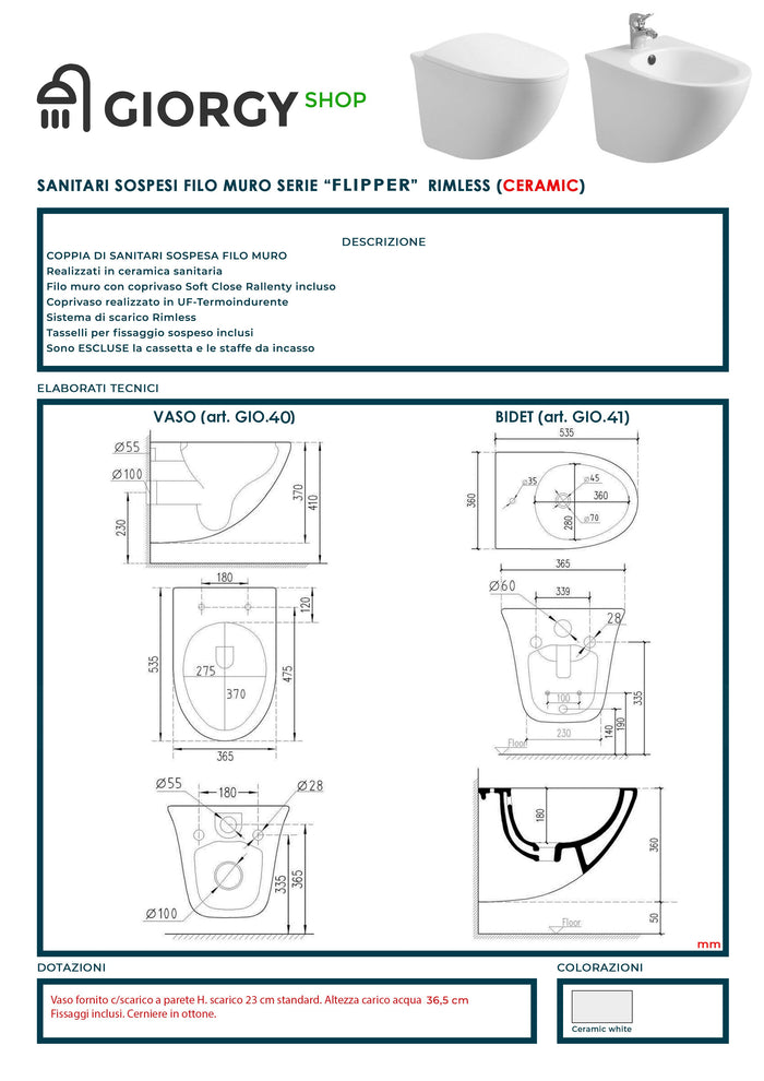 Coppia Sanitari Sospesi Rimless Senza Brida Serie Flipper Coprivaso Soft-Close Incluso