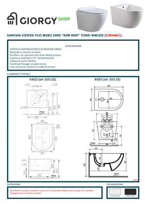 Coppia Sanitari Sospesi Rimless Senza Brida Serie  New Bent Nero Opaco Coprivaso Soft-Close Incluso