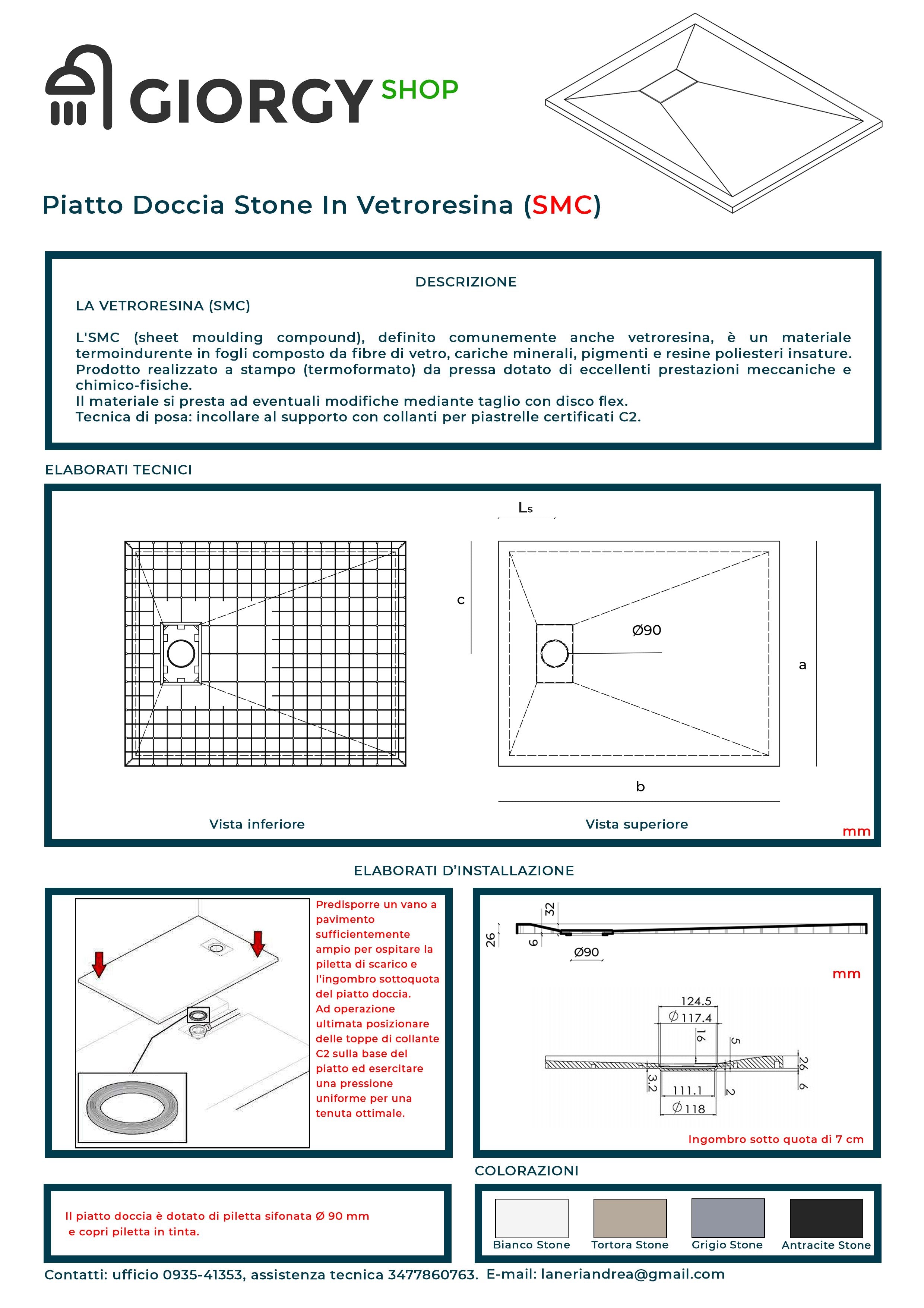 Piatto Doccia In SMC Vetroresina Effetto Pietra H 2,6 Cm Con Piletta Di Scarico Inclusa 70-100 Grigio