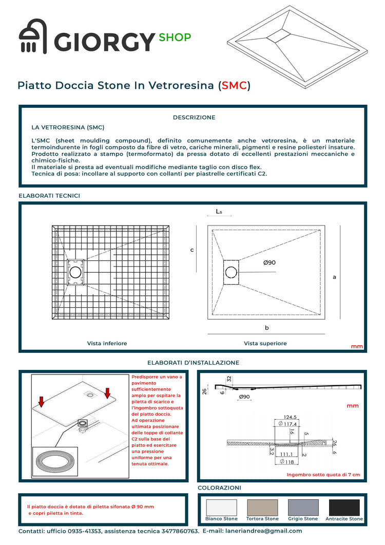 Piatto Doccia In SMC Vetroresina Effetto Pietra H 2,6 Cm Con Piletta Di Scarico Inclusa 70-170 Bianco