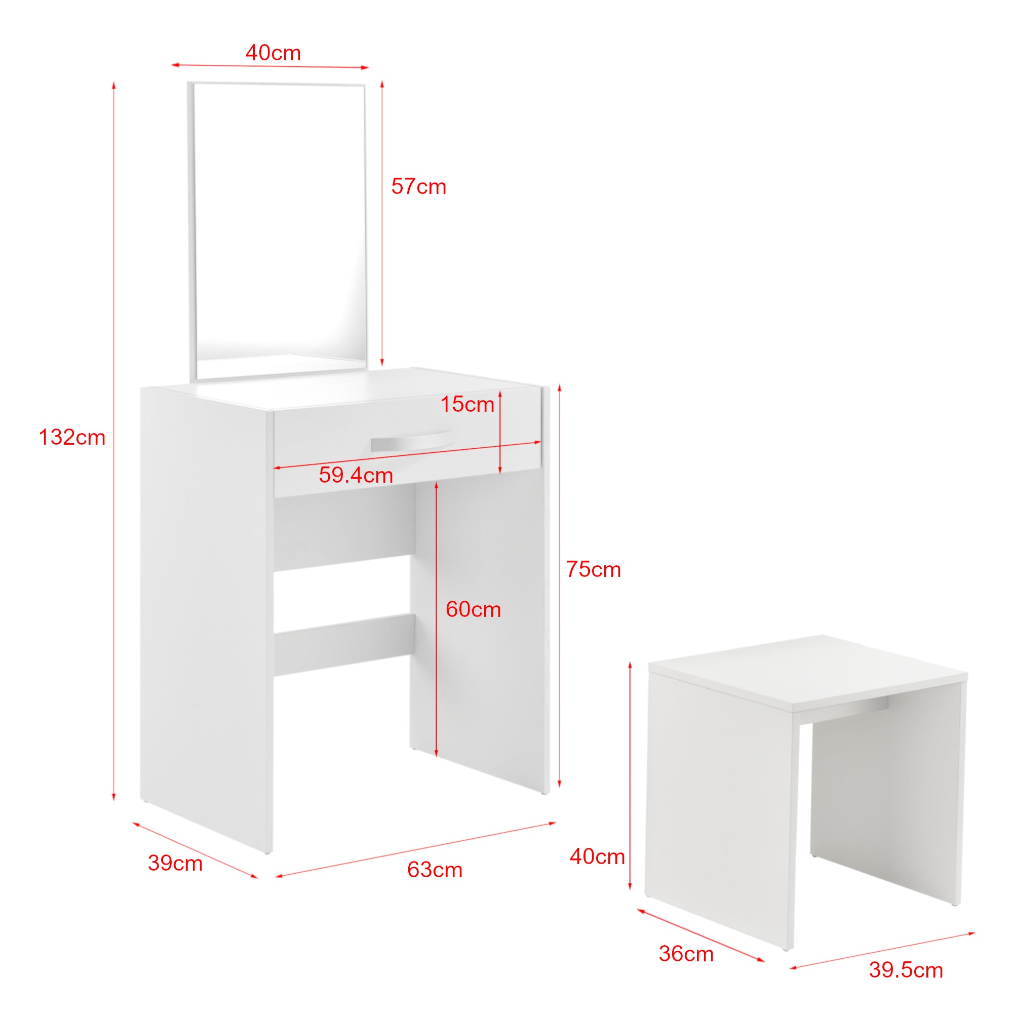 Tavolo da Trucco con Cassetto 132 x 63 x 39 cm Tavolo da Toeletta con Specchio e Sgabello Tavolo Cosmetico - Bianco