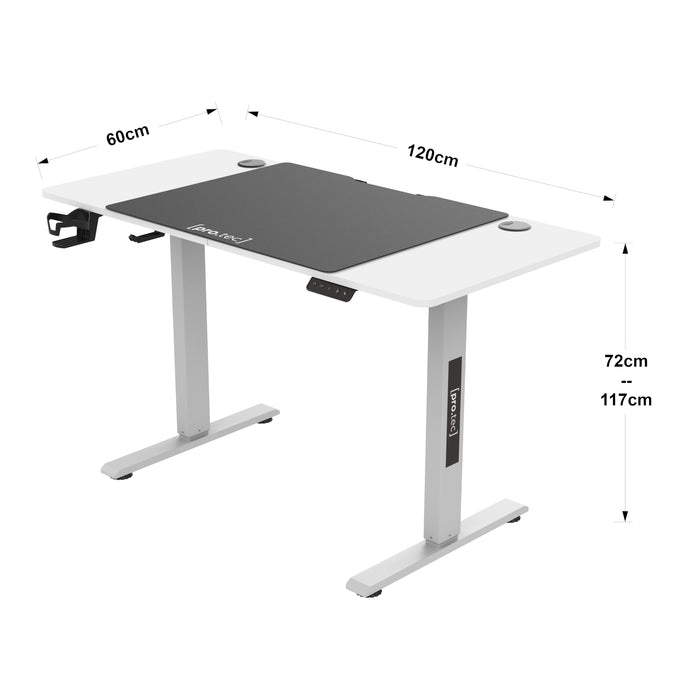 Scrivania 'Stryn' Regolabile in Altezza con Sollevamento Elettrico 120 x 60 Bianco con Rotelle - pro.tec