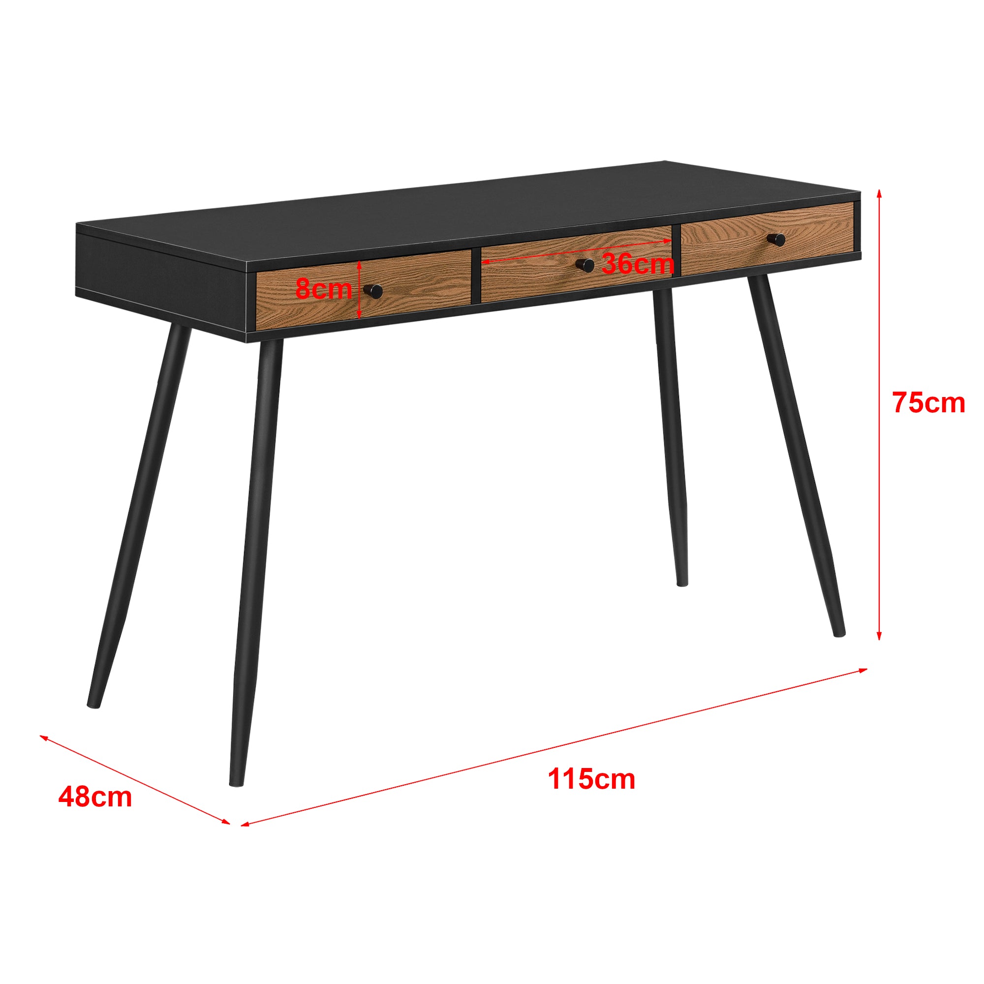 Scrivania (AxLaxP) 75 x 115 x 48 cm Consolle con 3 Cassetti, Scrittoio su Gambe in Metallo, Tavolo da Computer per