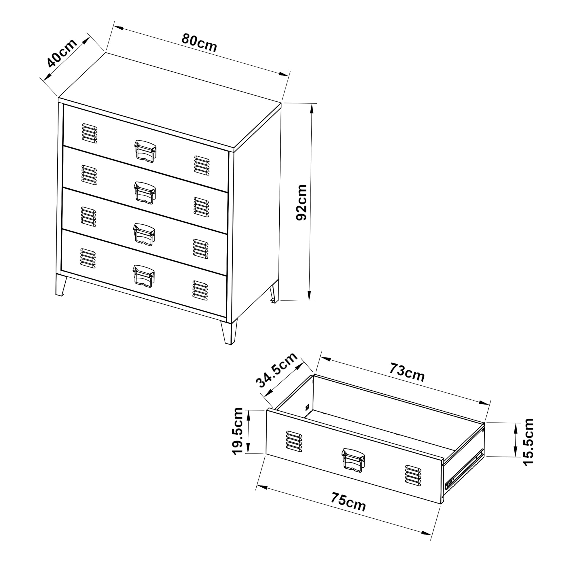 [en.casa] Cassettiera in Acciaio Comò con 4 Cassetti Organizzatore da Ufficio Soggiorno Mobile Contenitore per Archivio