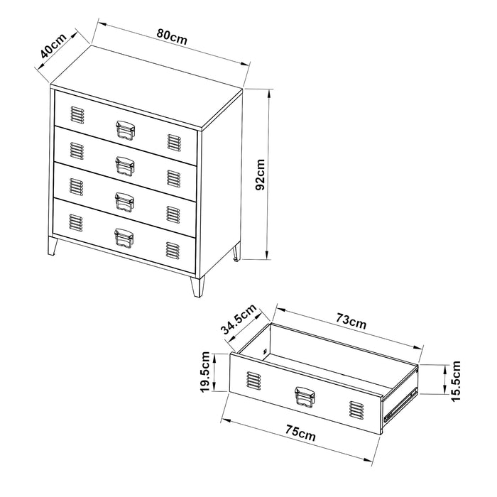 [en.casa] Cassettiera in Acciaio Comò con 4 Cassetti Organizzatore da Ufficio Soggiorno Mobile Contenitore per Archivio