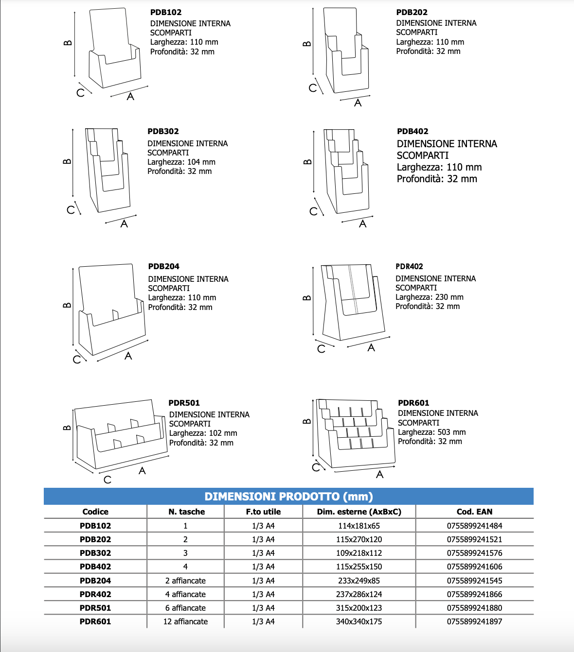 Porta depliant da banco in plexi 3 tasche 1/3 A4