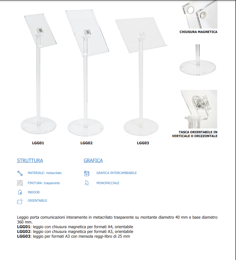 Leggio in plexiglass con portalibro A3