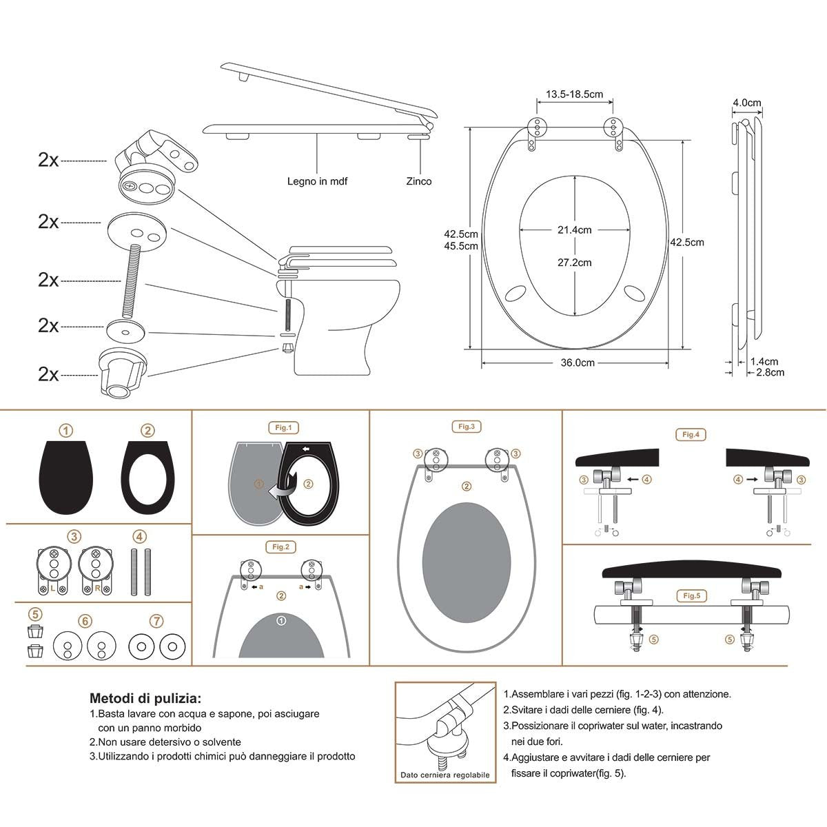 Sedile WC Copriwater Universale In Legno Forma O 18'' 425X362mm Distanza Fori 135-185mm