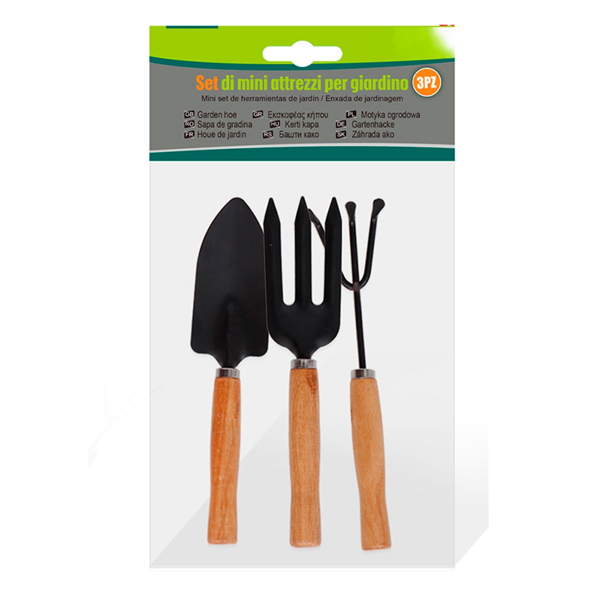 Set Mini Attrezzi da Giardino in Acciaio con Impugnatura Ergonomica in Legno Pala Rastrello Forchetta