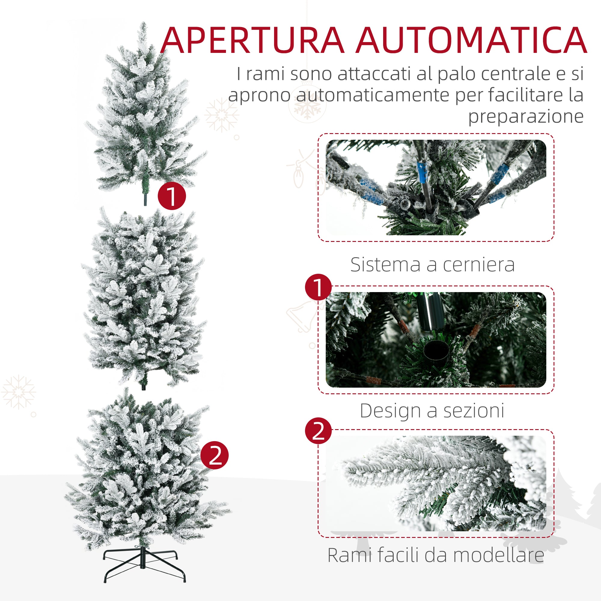 Albero di Natale Artificiale Innevato 225 cm 988 Rami Apertura Automatica Verde